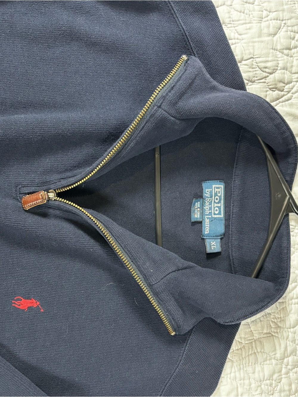 Polo by Ralph Lauren Men’s Navy Quarter-Zip Sweater with Red Logo